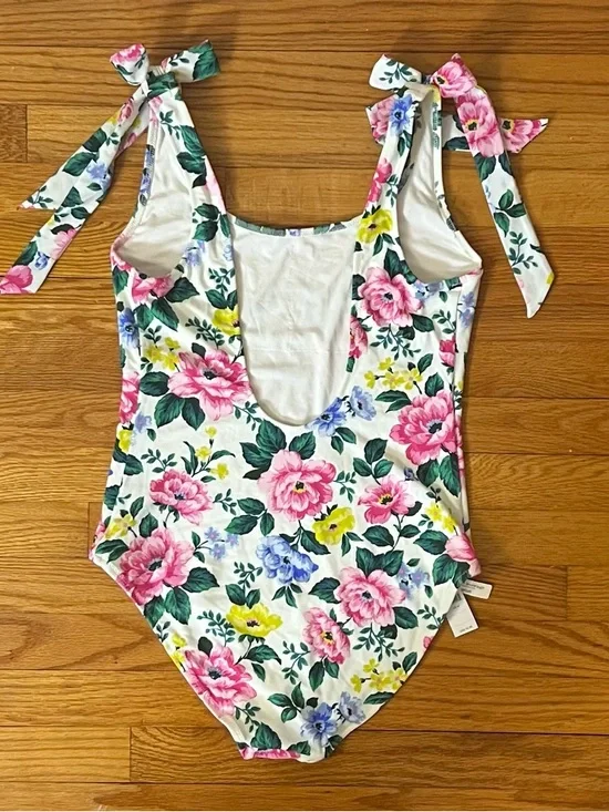 Aerie Floral Tie-Shoulder One-Piece Swimsuit in Cream, Pink, Yellow & Blue - Picture 2 of 3